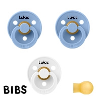 BIBS Colour Schnuller mit Namen, Gr. 1, 2 Sky Blue, 1 White, Rund Latex, (3er Pack)